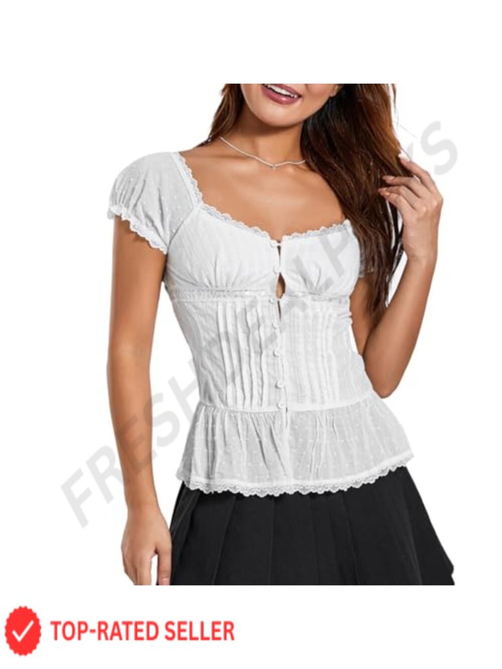 Women's Y2K Button Front V Neck Ruffle Trim Ruched Front Cap Sleeve Top